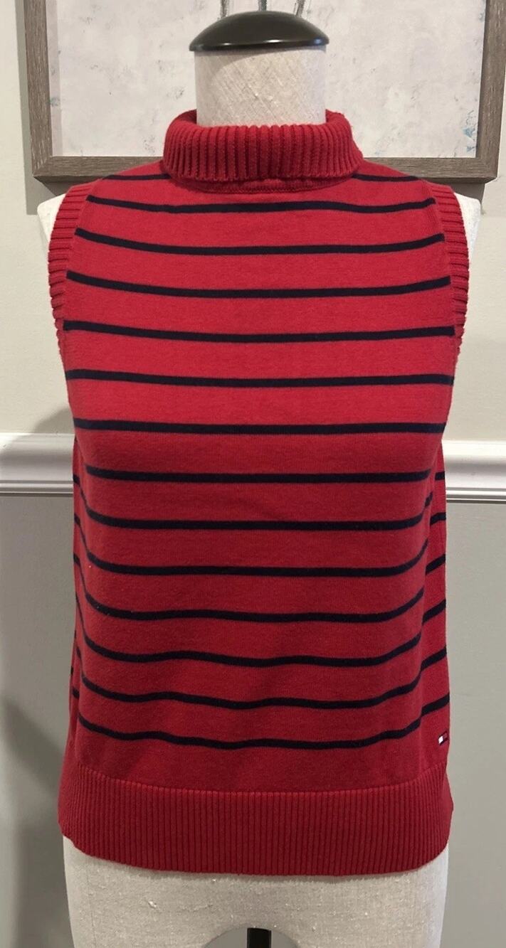 Vtg Tommy Hilfiger Women's Sleeveless Turtleneck red blue sweater Tank medium
